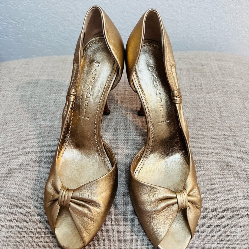 Casadei Metallic Gold Heels with Bow